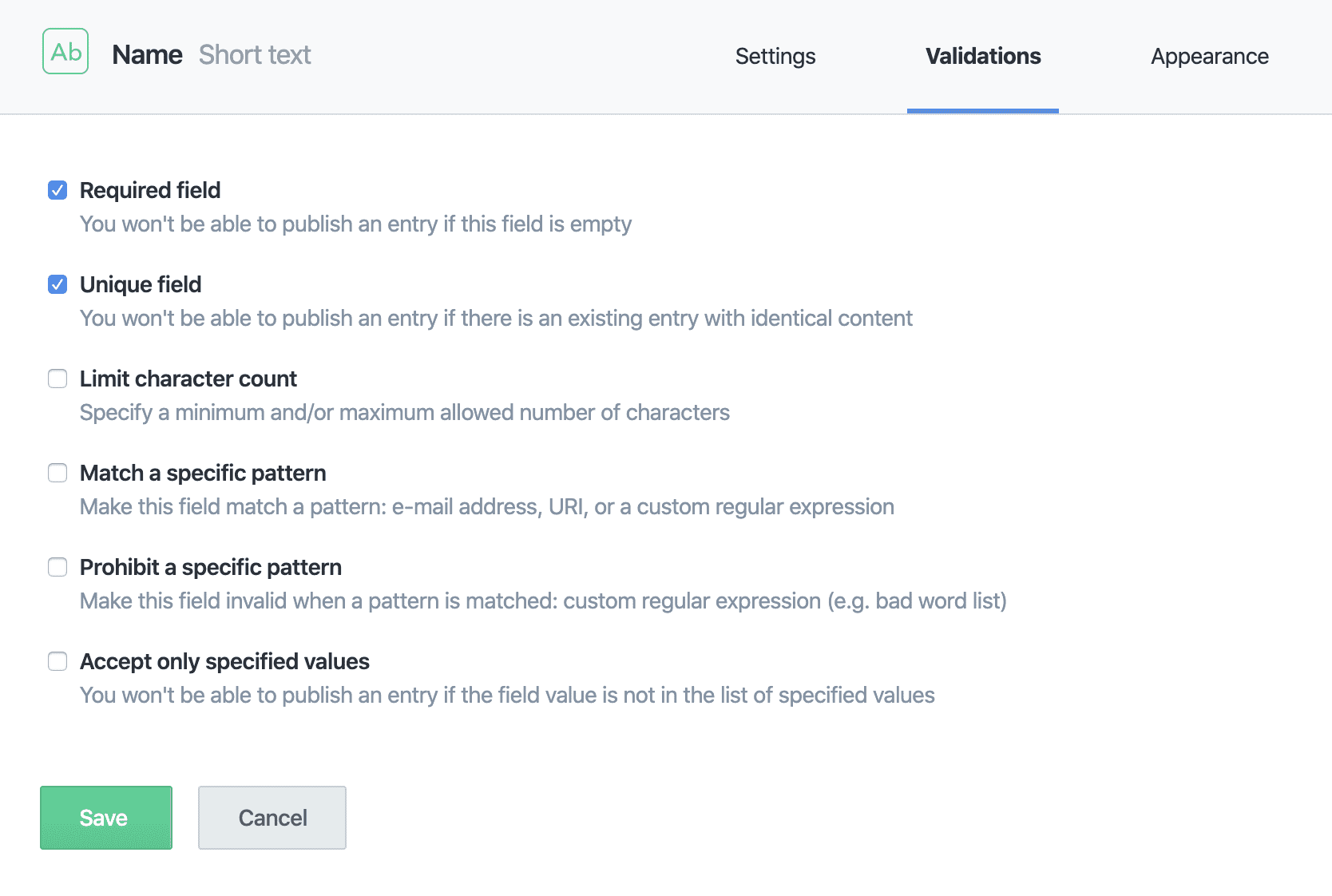 Contentful Create Content Field 4 Options